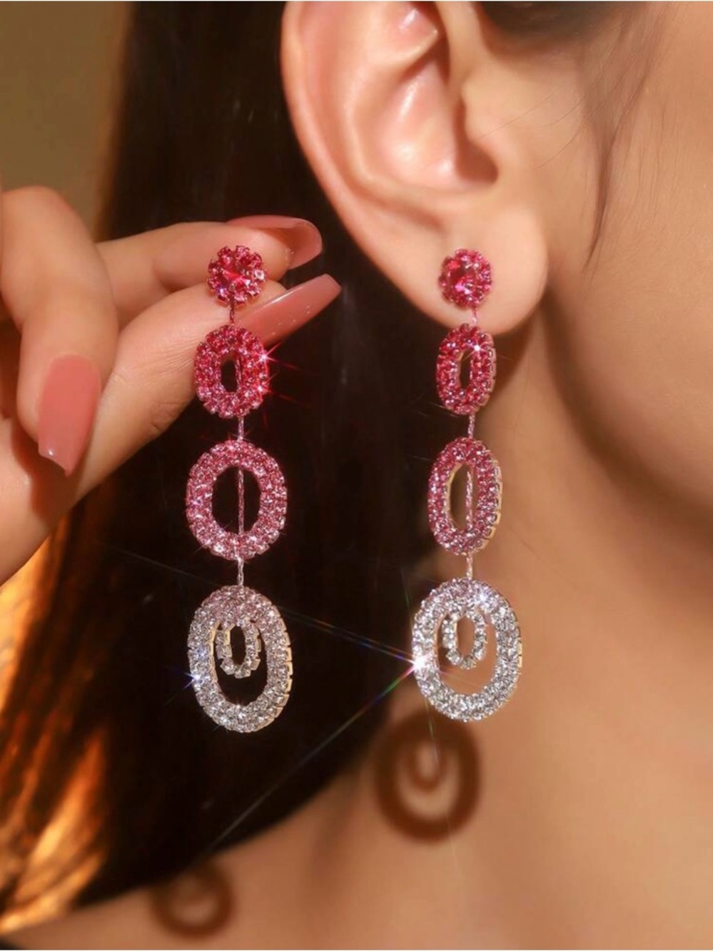 Pink & Silver Crystal Drop Earrings - Elegant Women's Jewelry